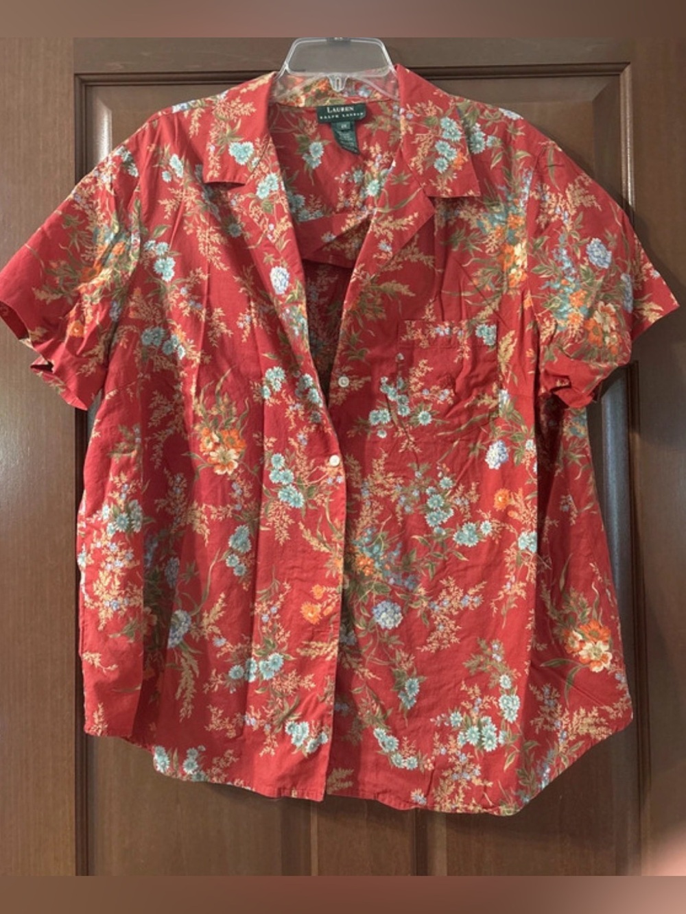 Vintage Lauren Ralph Lauren Red Floral Button Down Blouse 2X Plus Size Y2K